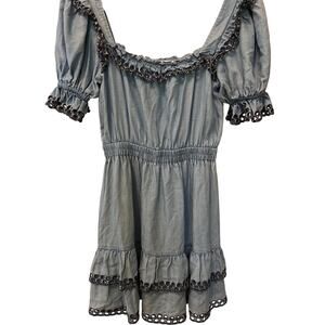 Stellah Washed Denim Puff-Sleeve Tiered Mini Dress Women's Size Small Western